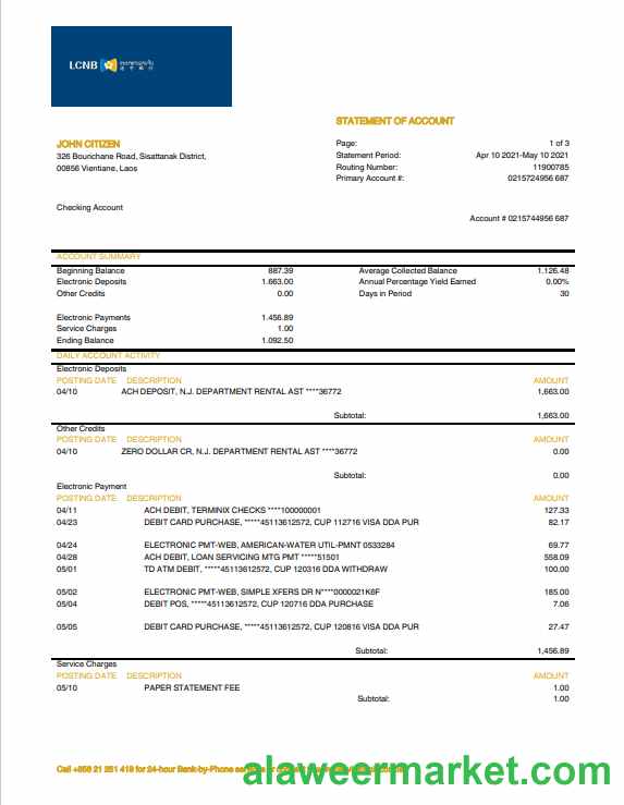 Laos LCNB Bank statement template in Word and PDF format